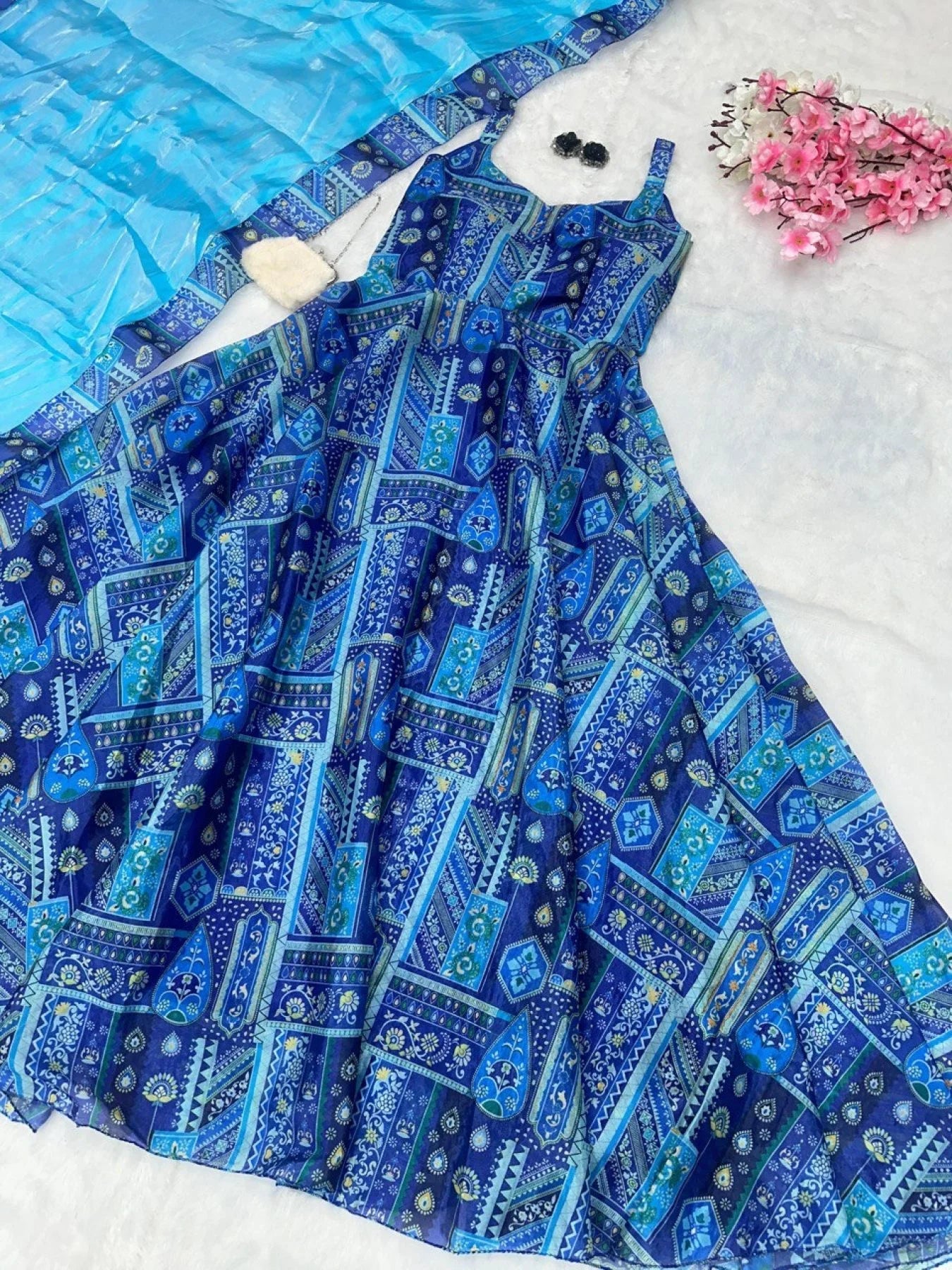 Pure Jimmy Blue Color Organza silk digital Printed Padded Gown in with Duppta