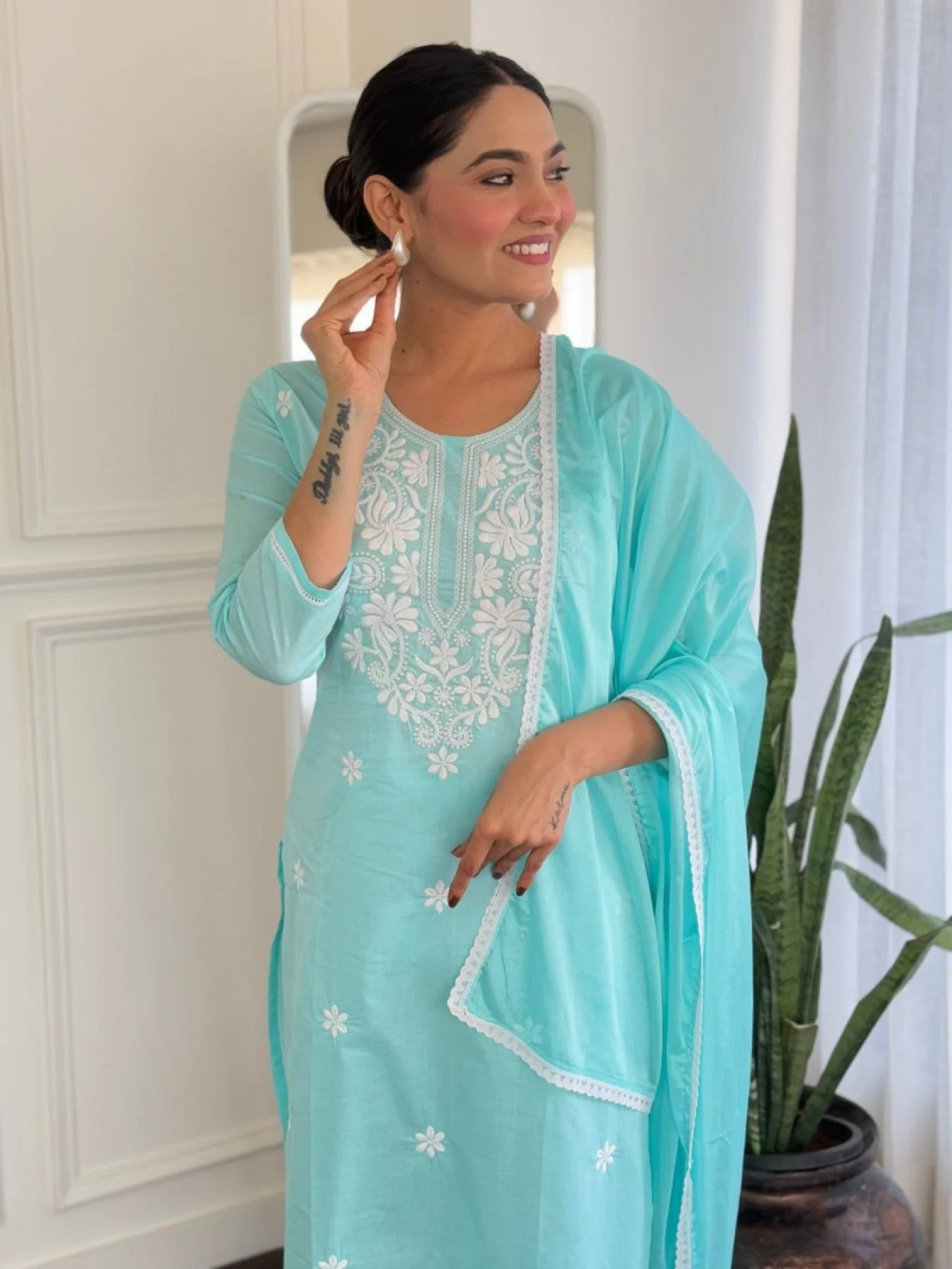 Daily Wear Cotton Kurti Pant Set with Embroidered , Chinnon Dupatta Ready to Wear 3 Piece Suit for Women Wholesale Price