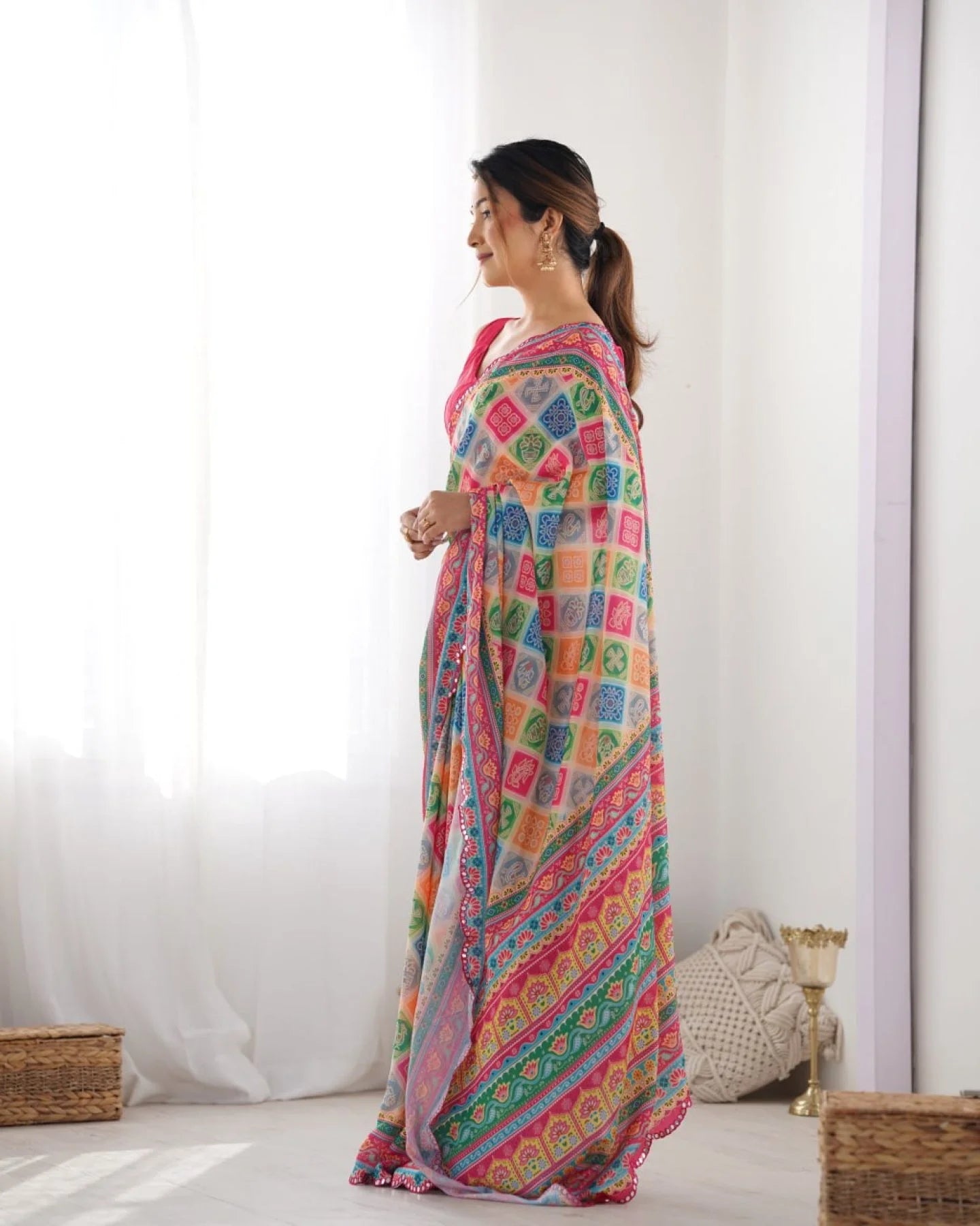 Multi-Color Printed Chinon Saree with Designer Mirror Lace Surat-Based Supplier Buy Now at Best Price