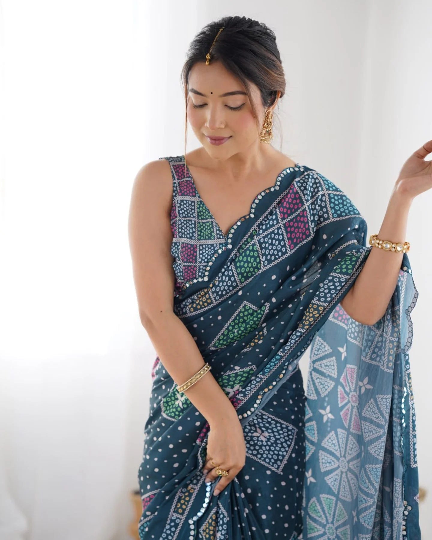 Dark Blue Heavy Chinon Digital Print Saree with Mirror Lace Border Online Exclusive Designer Collection