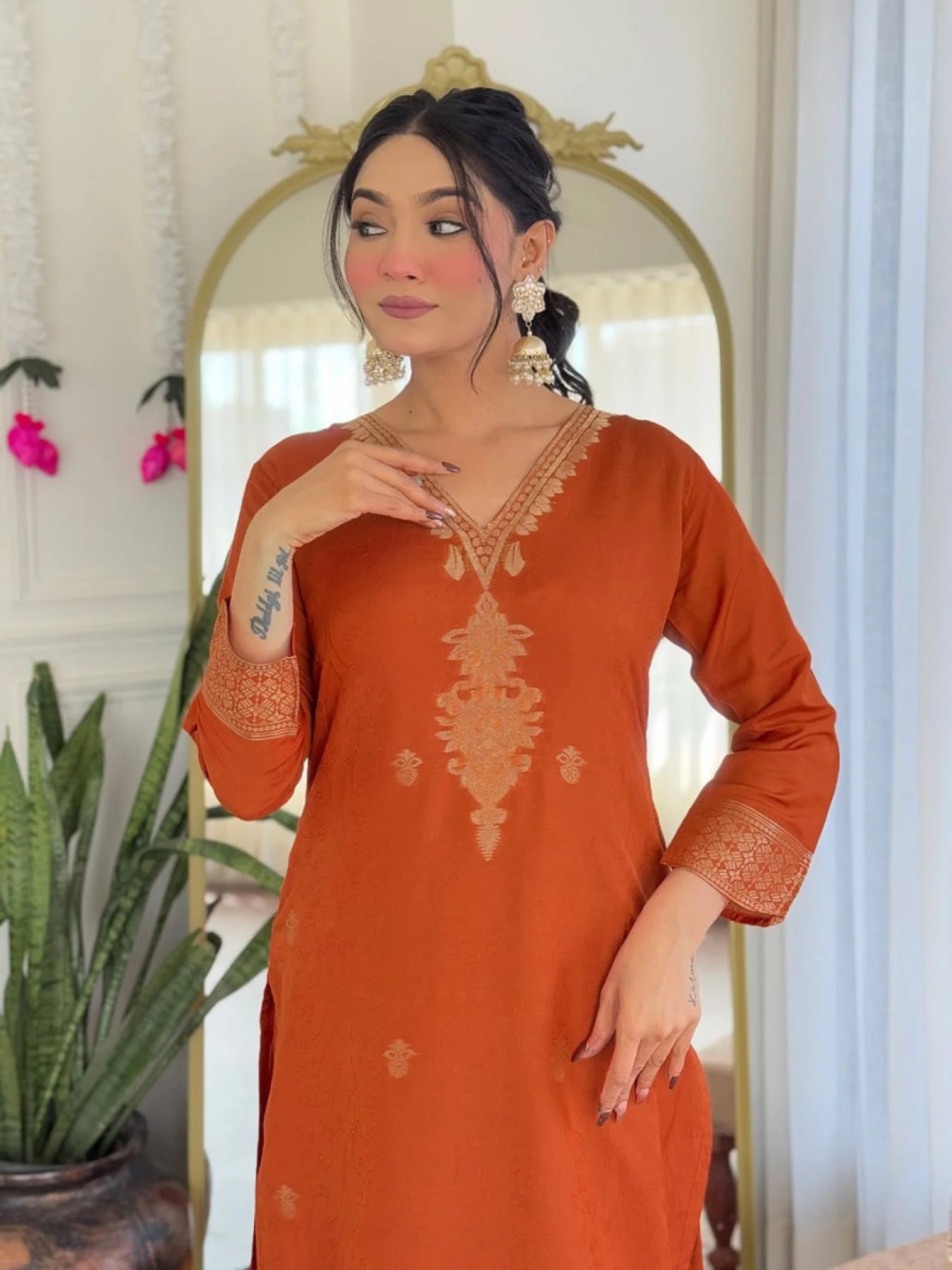 Orange Viscose Jacquard Embroidered Kurti Set with Chanderi Bottom & Dupatta 3-Piece Party/Wedding Wear Suit at Best Price