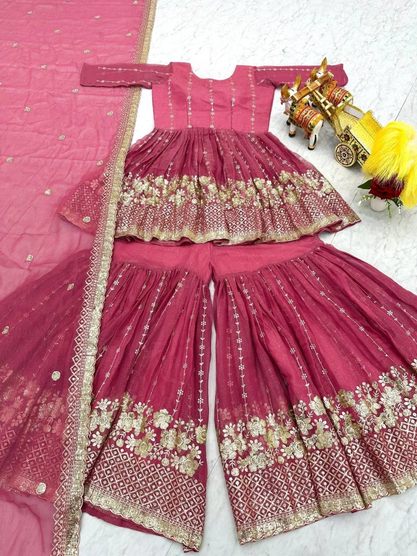 Premium Pure Shimmer Fabric Top Sharara Suit with Dupatta At Wholesale Price