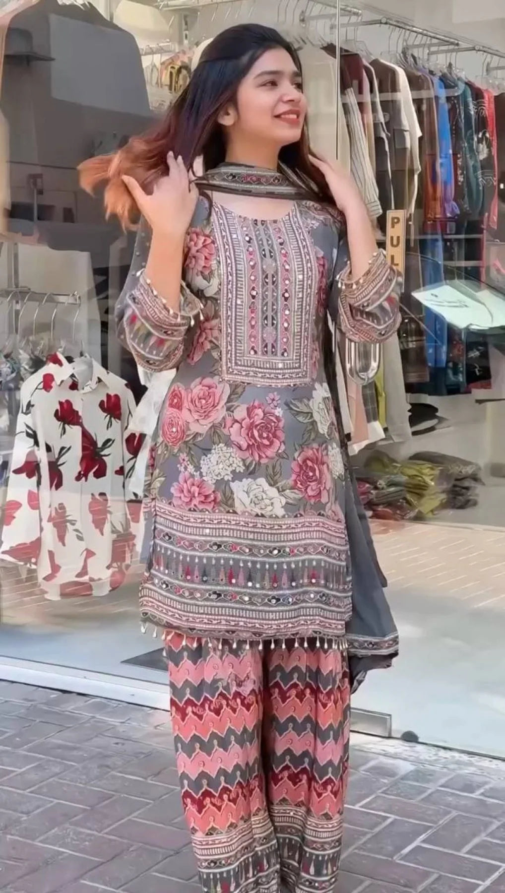 New womens wear Fancy printed Embroidered And Real Mirror Work Top And Pant With Printed Dupatta Kurta Set
