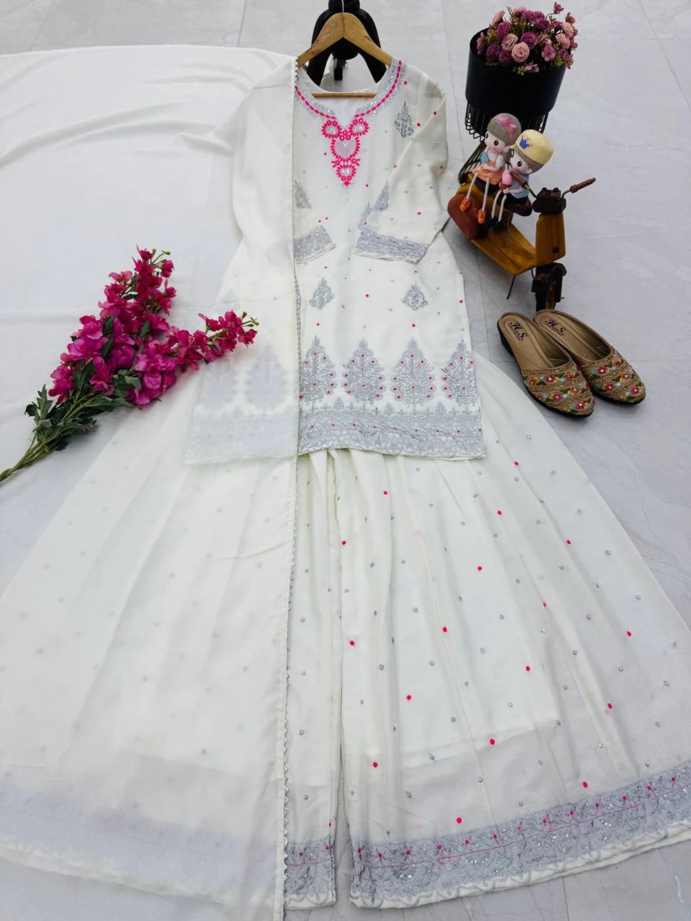 White Chinon Sharara Suit With Sequin Embroidery Ready To Wear Designer Set From Royalexport Surat