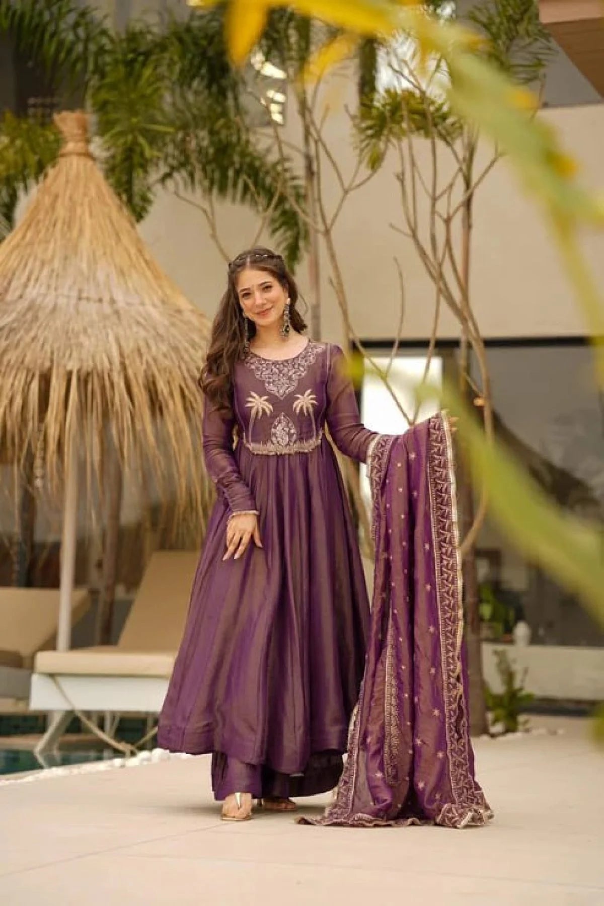 Elegant Wine Shimmer Gown Set with Heavy Embroidery Lace Border Dupatta Designer 3 Piece Party Suit at Manufacturer Rate