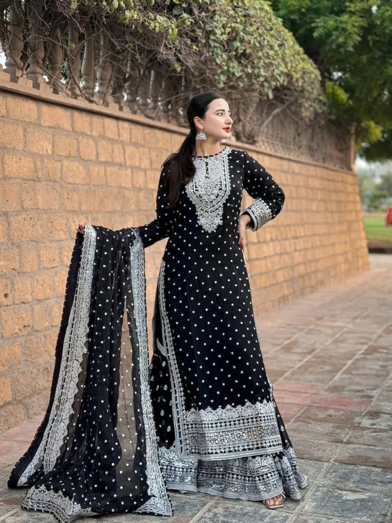 Women Black Designer Foux Georgette Embroidery and Sequence work Sharara set