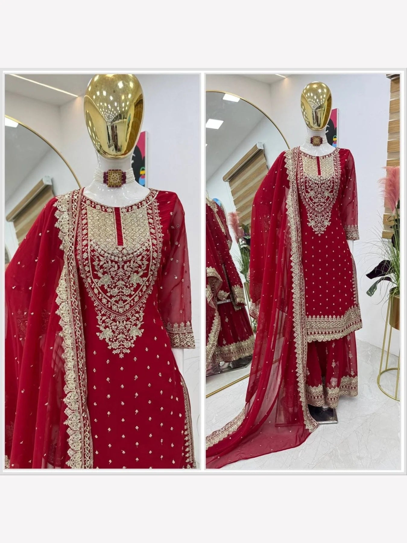 Women Red Designer Foux Georgette Embroidery and Sequence work Sharara set