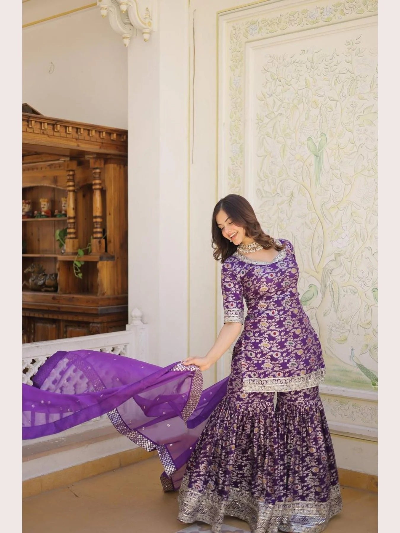Ready to Wear wine Kurti Gharara in Viscose Jacquerd and Embroidery Sequence work with Russion Silk Dupatta