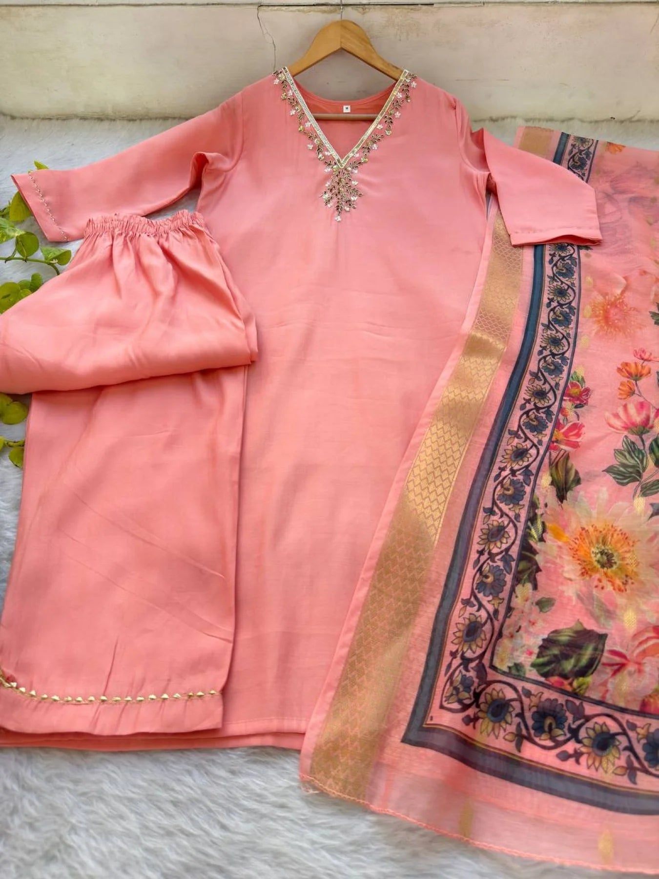 Peach Roman Silk Kurti Set with Miyani Pant & Digital Chanderi Dupatta Festive 3PC Wear for Wholesale Price