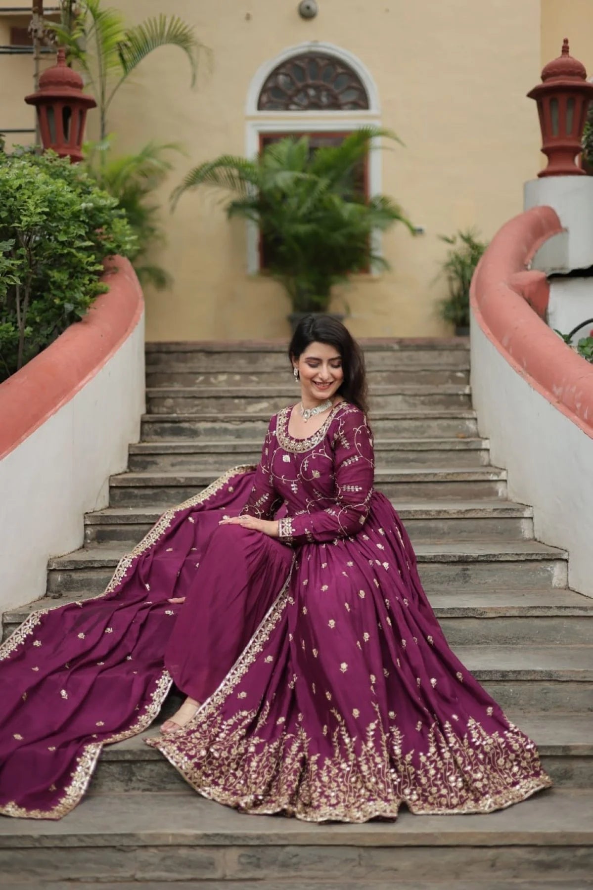 Stunning Wine Color Chinon Designer Embroidered Salwar Suit