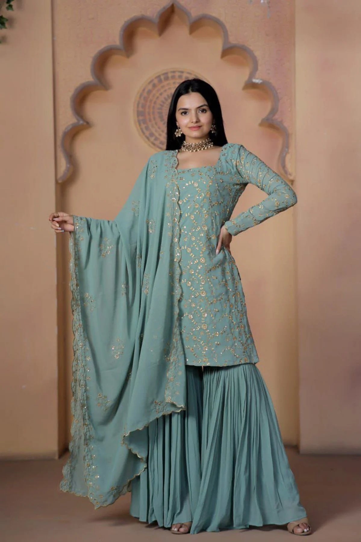 Designer Faux Georgette Embroidery Work Sharara Suits