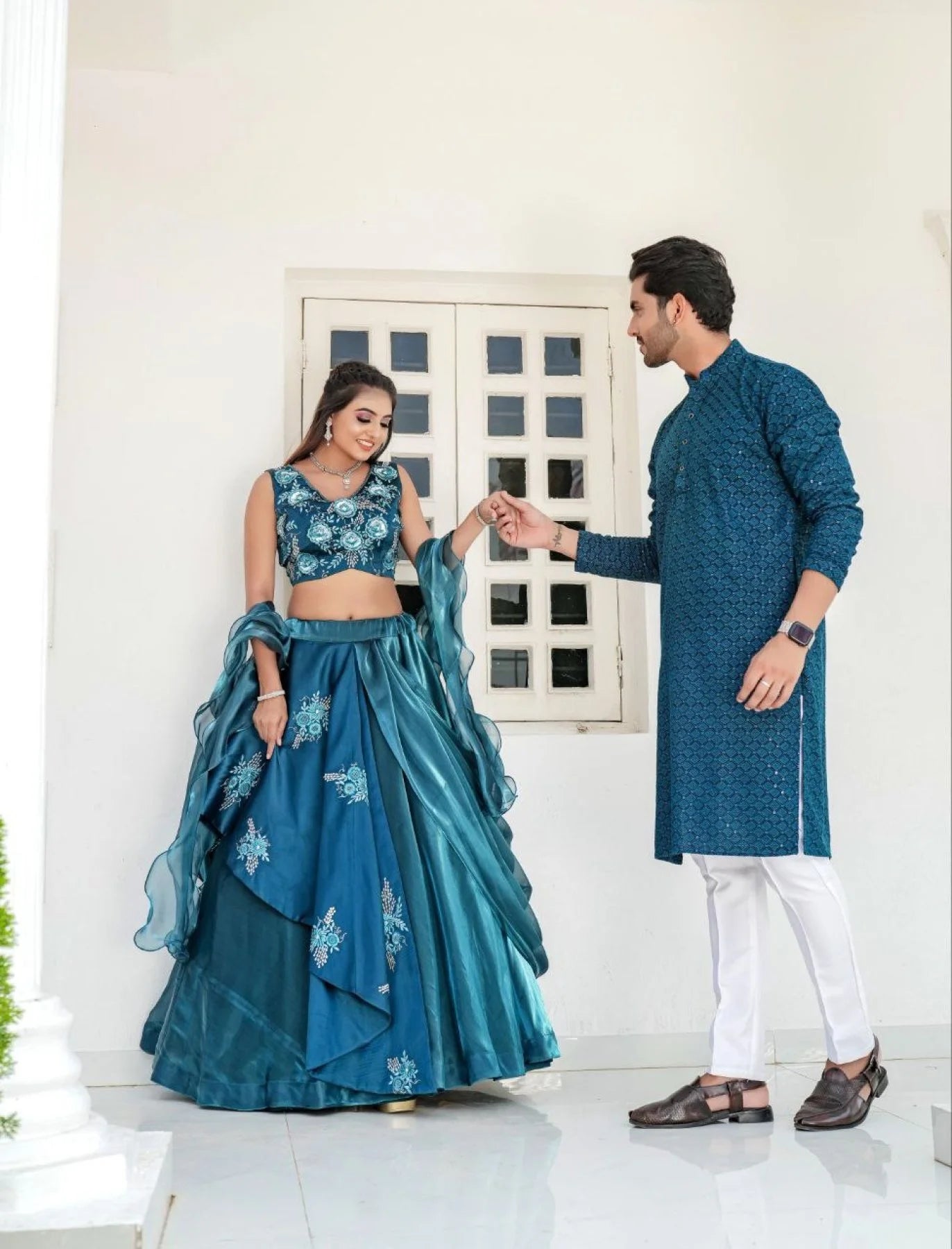 Rama Western Flower Couple Combo Lahenga Choli