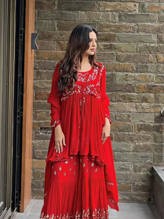Beautiful Designer Faux Georgette Red Sharara set with Embroidery work