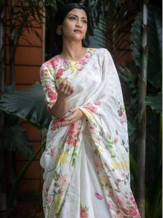 Bollywood Konkona Sen Desinger White Linen Print Saree Offer