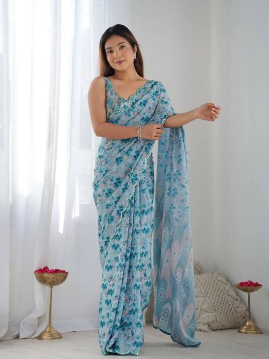 Stylish Chinon Sky Blue Saree with Mirror Lace & Blouse Piece Exclusive Wholesale Collection India