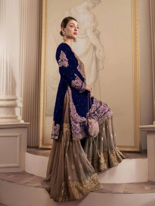 Beautiful Designer faux Georgette Sequence Blue Sharara set with Dupatta