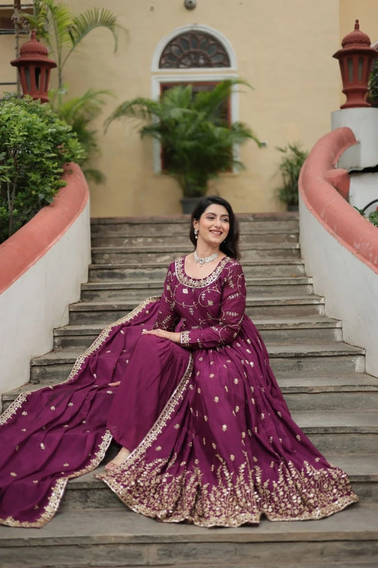 Stunning Wine Color Chinon Designer Embroidered Salwar Suit