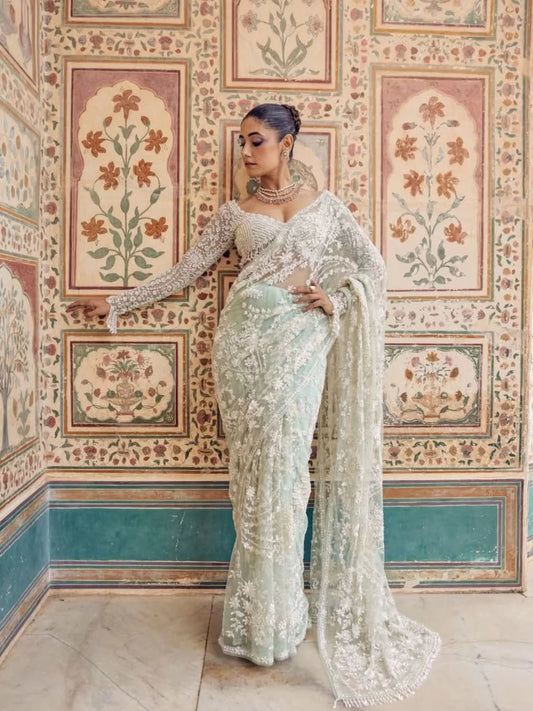 Bollywood Style Heavy Designer Mono net Saree with Beautiful Zalar attached pallu