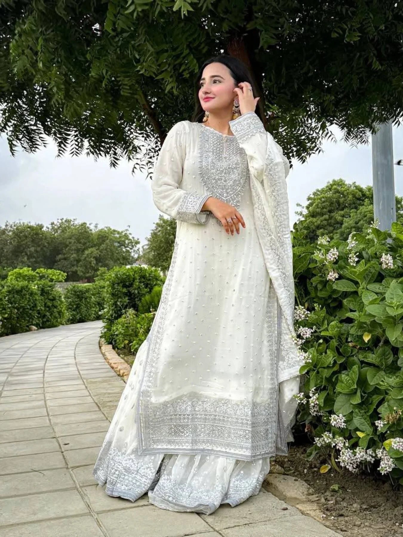 Women White Designer Foux Georgette Embroidery and Sequence work Sharara set