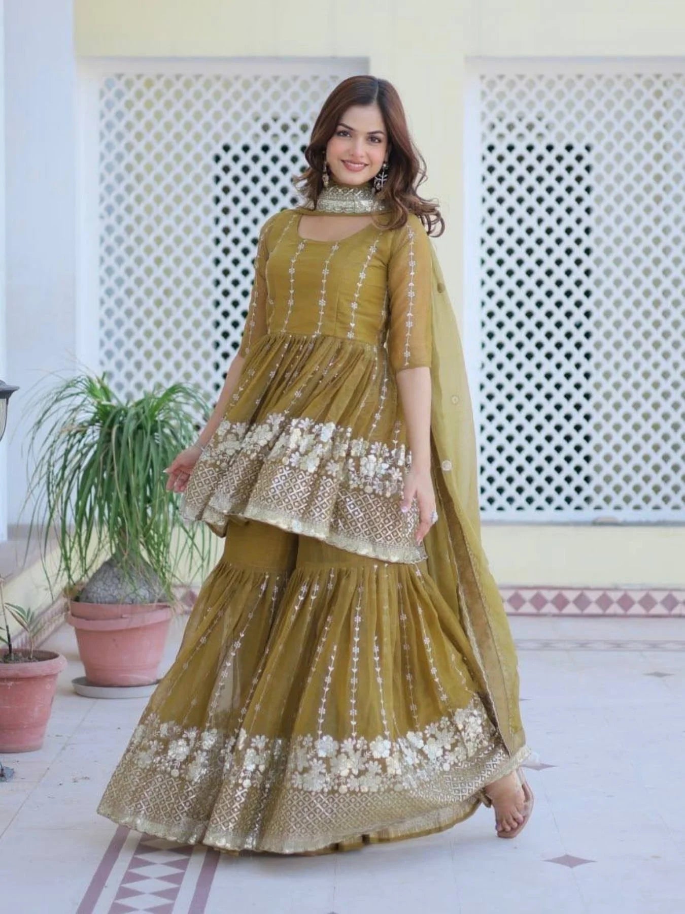 Premium Pure Shimmer Fabric Top Sharara Suit with Dupatta At Wholesale Price