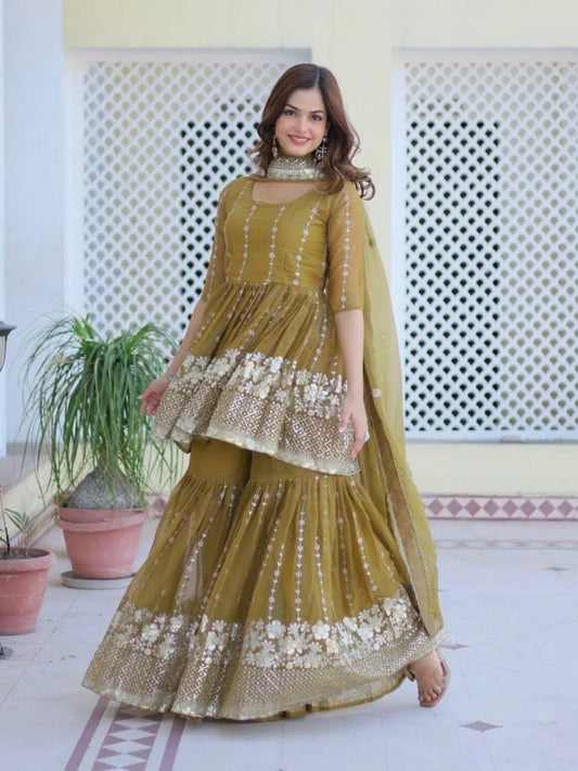Premium Pure Shimmer Fabric Top Sharara Suit with Dupatta At Wholesale Price