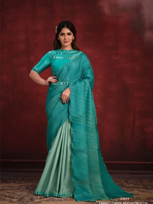 Mirror Sequence Thread Work Crepe Silk Georgette Party Wear Saree With Belt At Low Price