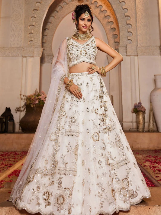 Attractive Off White Sequins Tissue Silk Lehenga Choli Beads Mirror Zari Work from Surat Manufacturer