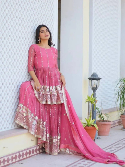 Premium Pure Shimmer Fabric Top Sharara Suit with Dupatta At Wholesale Price