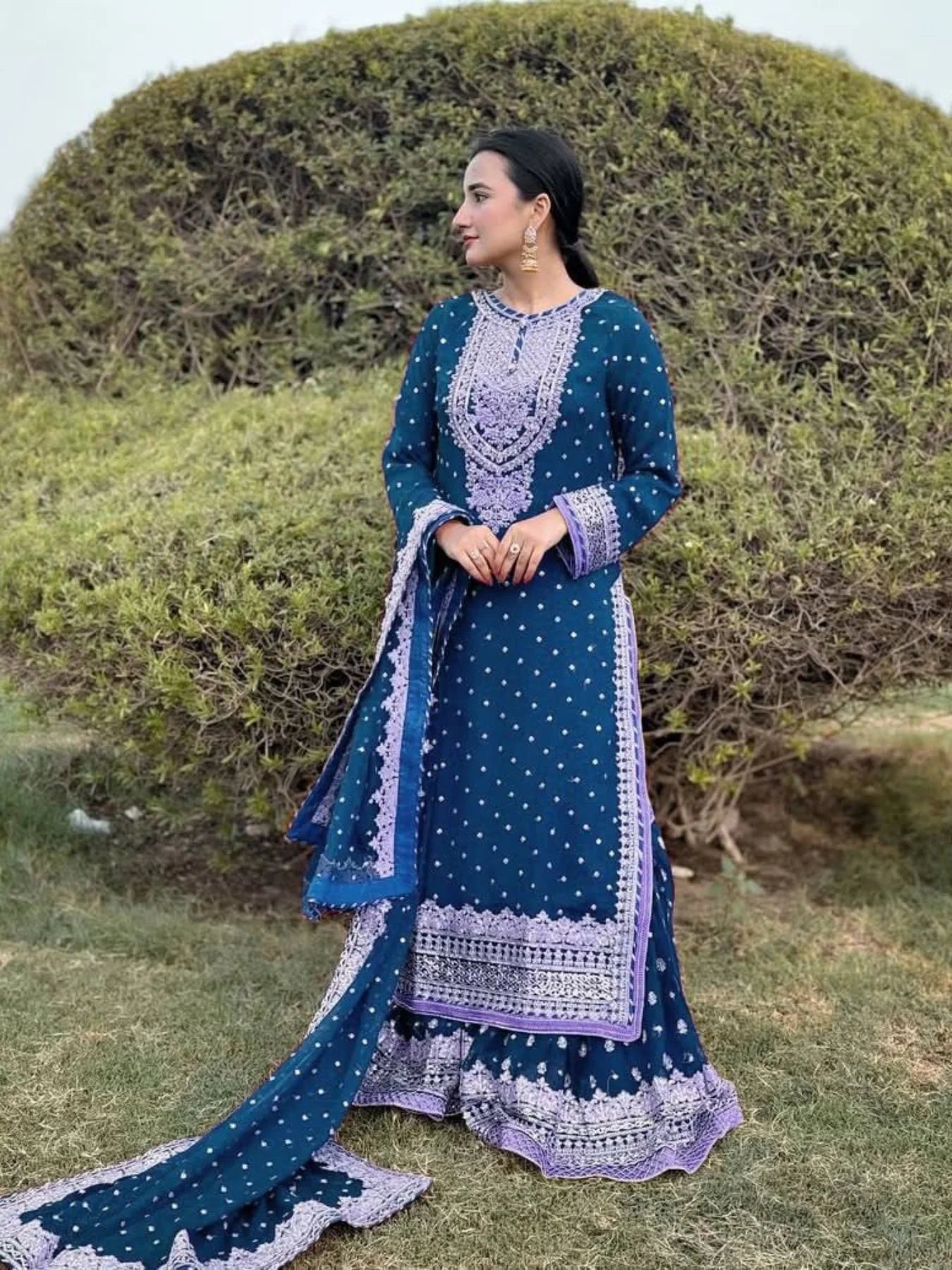 Women Blue Designer Foux Georgette Embroidery and Sequence work Sharara set