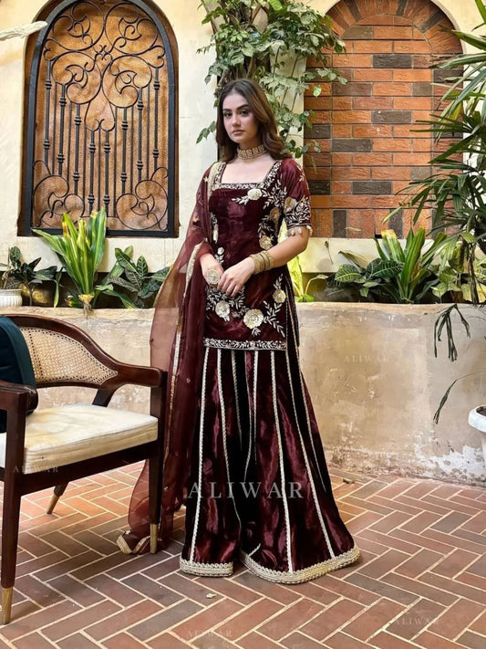 Latest Winter Viscos Velvet Sharara set with Heavy Embroidery work