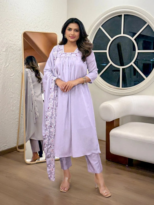Designer Chinon Embroidery Top with Plain Rayon Bottom Dupatta Set Stylish 3 Piece Suit Set for Resellers