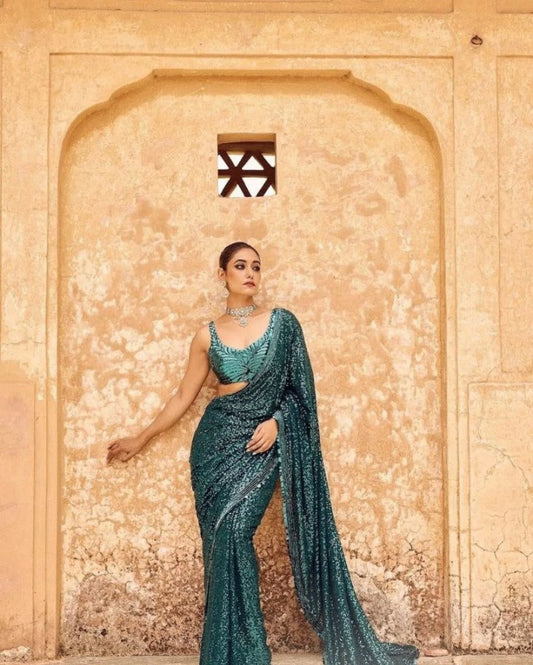 New Trending Bollywood Blockbuster Sequins Design Saree Launch For Royal Export