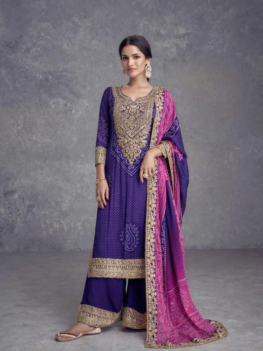 Heavy Embroidered Chinon Suit Set with Plazoo Dupatta Digital Print Wholesale Prices for Resellers