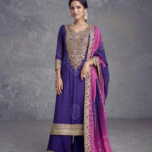 Heavy Embroidered Chinon Suit Set with Plazoo Dupatta Digital Print Wholesale Prices for Resellers