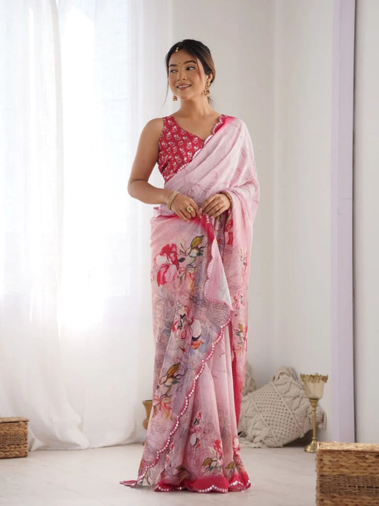 Baby Pink Chinon Saree with Pure Kutchi Mirror Work Lace Special Occasion Wear from Top Surat Supplier