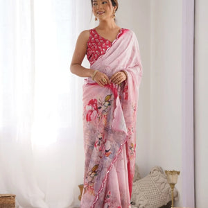 Baby Pink Chinon Saree with Pure Kutchi Mirror Work Lace Special Occasion Wear from Top Surat Supplier