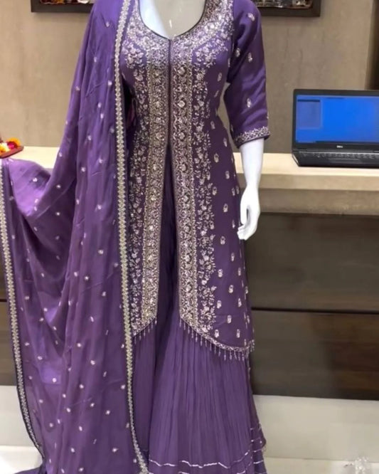 Launching New Designer Party Wear Look Pur Heavy pur chinon Silk Top Sharara Plazzo Dupatta Set