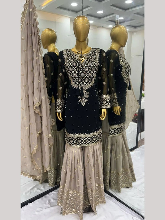 Top Designer 3 Piece Georgette Suit with Sharara and Embroidered Kurti Readymade Suit Set for Ladies