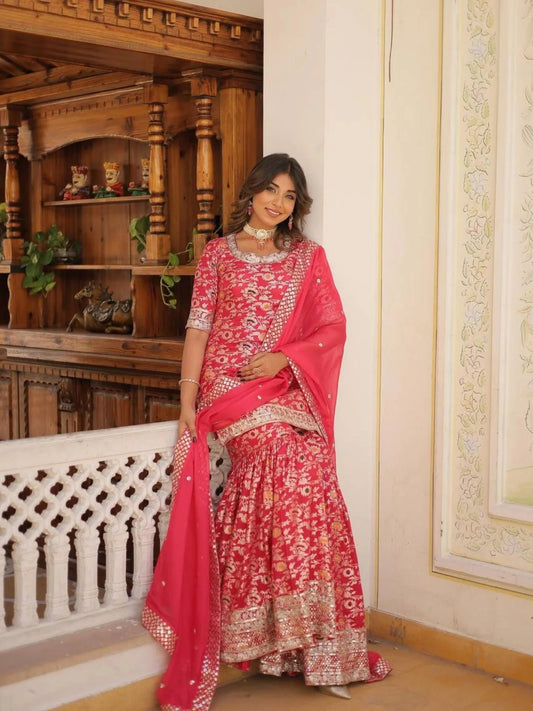 Ready to Wear Rani pink Kurti Gharara in Viscose Jacquerd and Embroidery Sequence work with Russion Silk Dupatta