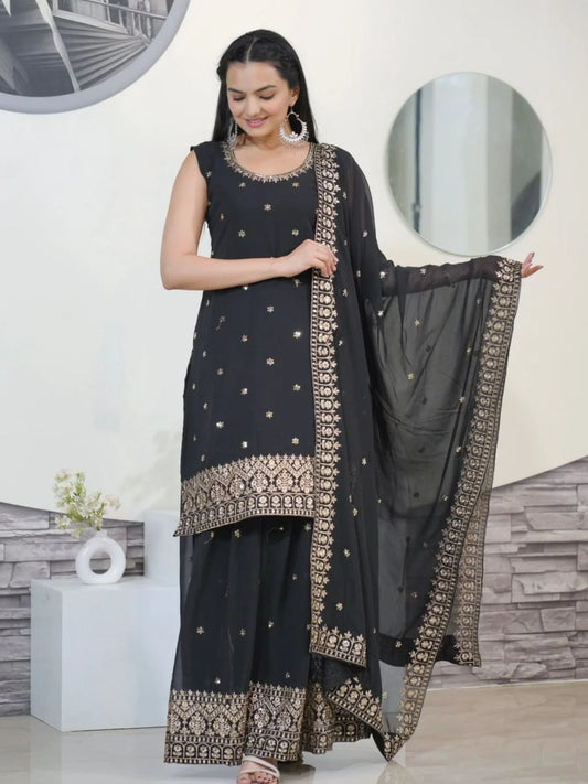 New Designer Faux Georgette Black Sharara set with Embroidery Sequence Work