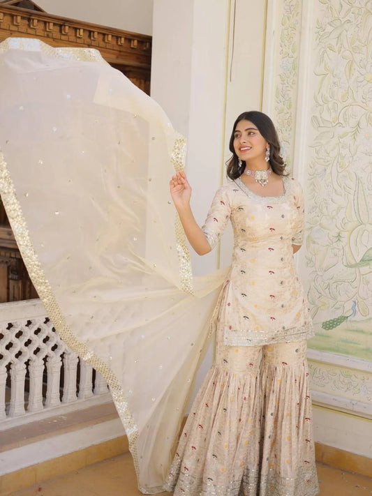 Ready to Wear Off White Kurti Gharara in Viscose Jacquerd and Embroidery Sequence work with Russion Silk Dupatta