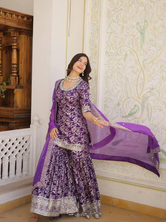 Ready to Wear wine Kurti Gharara in Viscose Jacquerd and Embroidery Sequence work with Russion Silk Dupatta