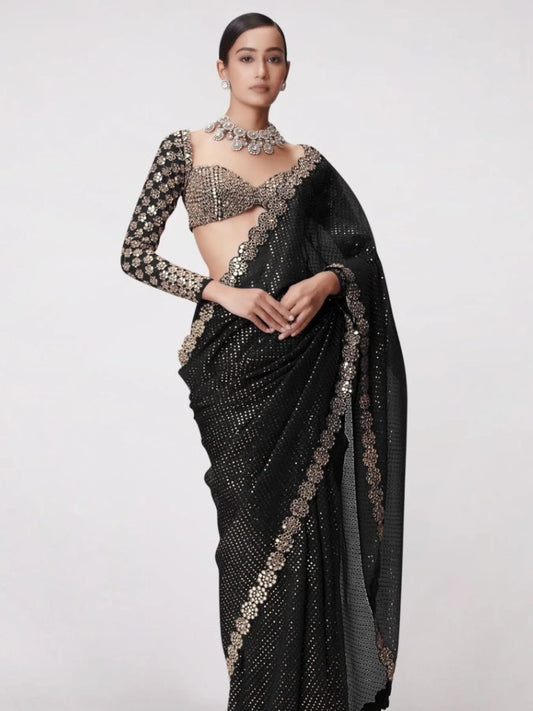 Block Buster Bollywood Black Saree with Heavy Embroidery Work