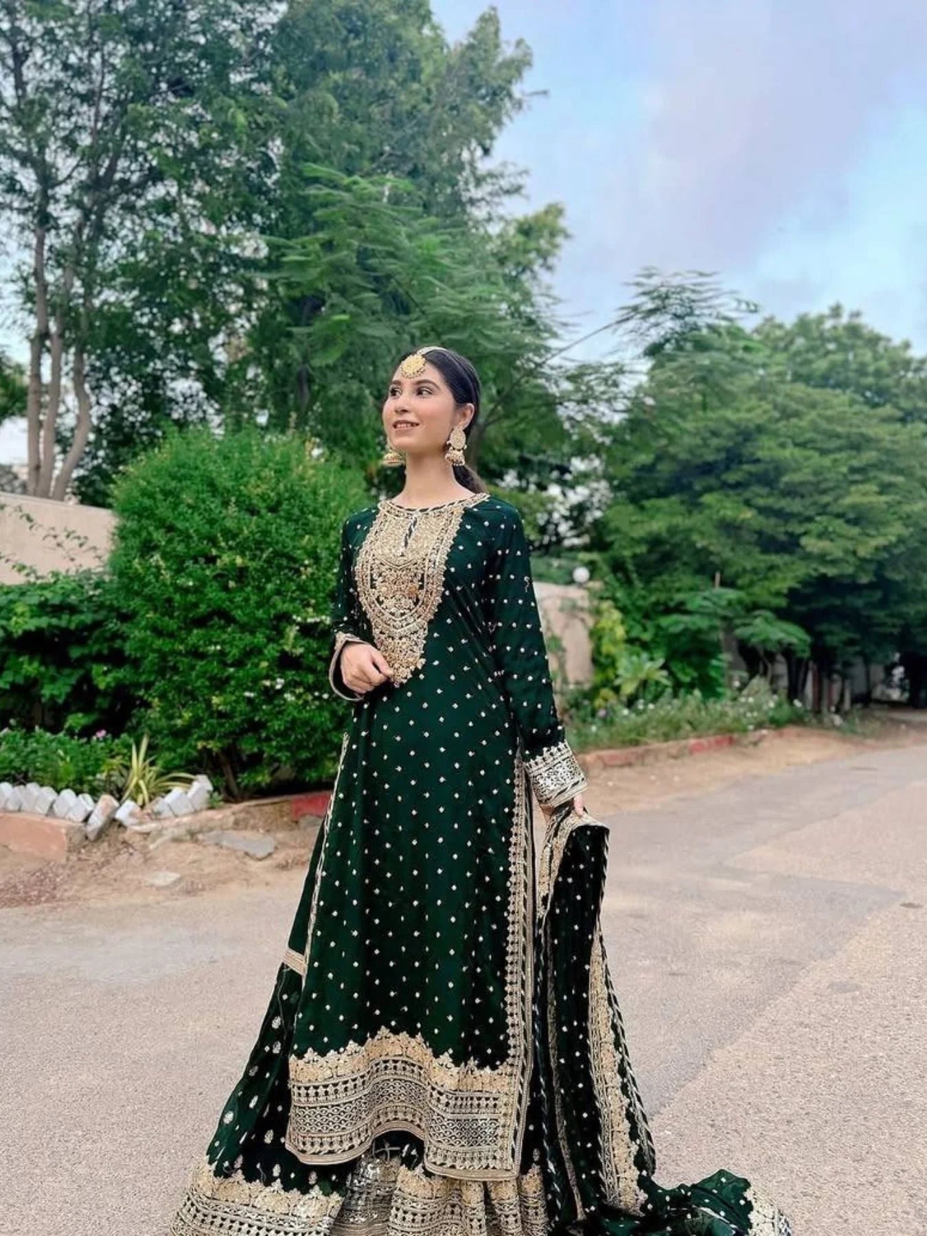 Women Green Designer Foux Georgette Embroidery and Sequence work Sharara set