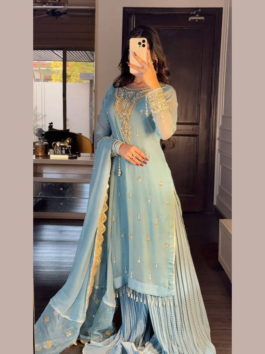 Luxurious Party Wear Sharara Suit Set Full Sleeves Embroidered Dupatta Ready to Wear Collection