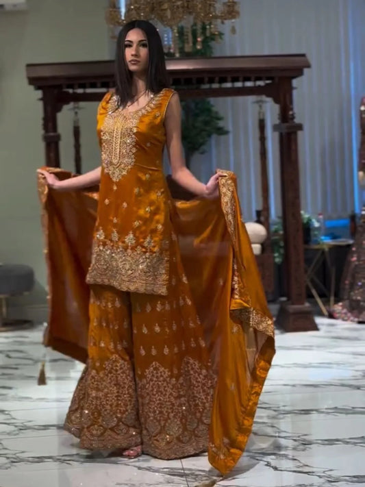 Mustard Yellow Designer Embroidery Work Kurti With Sharara Set