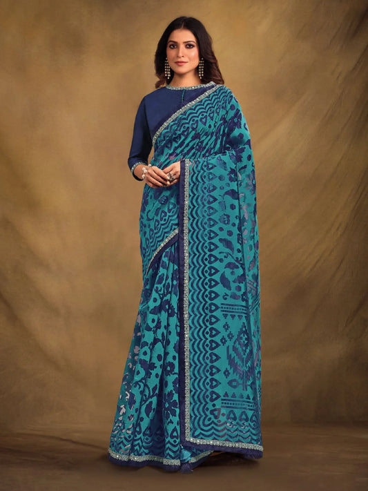 Embroidery Organza Wedding Wear Saree With mirror embellishment