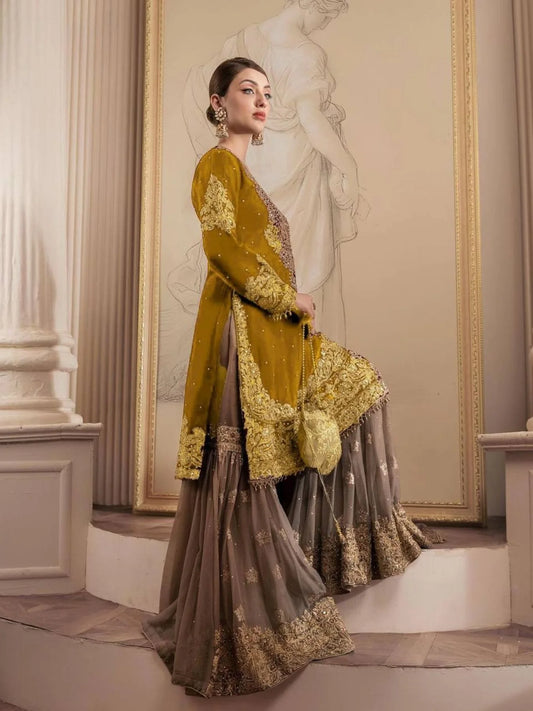 Beautiful Designer faux Georgette Sequence yellow Sharara set with Dupatta