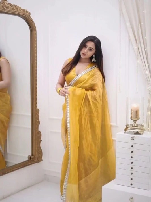Sunset Yellow Pure Gold Crush Fancy Saree with Unstitched Blouse Piece