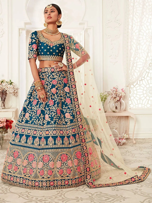 Regal Blue Bridal Lehenga Choli Set Slub Silk Traditional Set with Heavy Embroidery Work for Weddings